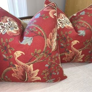 24”x24” Pillow Set in Schumacher “Fox Hollow” Tomato Brass & Brown Linen & Welt.